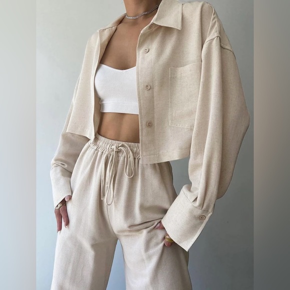 2-Piece Monochrome Beige Linen Matching Coord Set - Picture 3 of 16